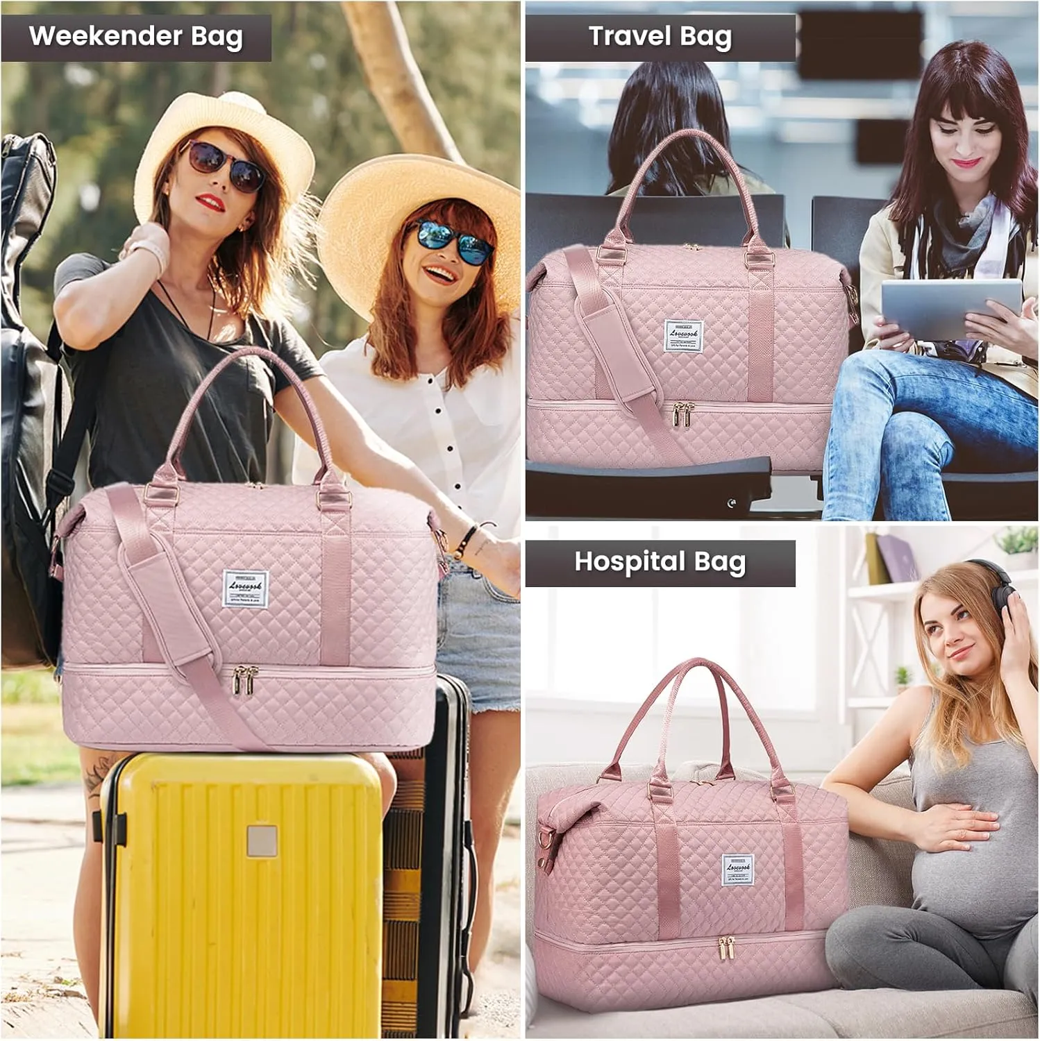LOVEVOOK Travel Duffle Bag,Weekender Bags for Women with Shoe Compartment??Carry on Overnight Bag with Toiletry Bag,Gym Duffel Bag with Wet Pocket, Hospital Bags for Labor and Delivery