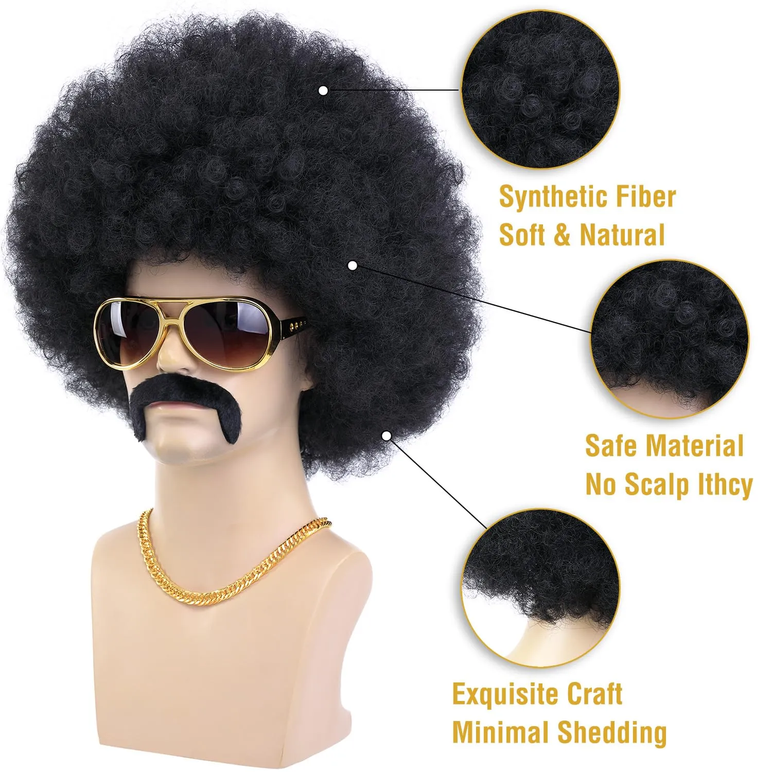 morvally 70s Black Afro Wig for Men with Glasses Chain and Mustache Mens Short Black Curly Disco Costume Wigs 70's 80s Hippie Rocker Funny Cosplay Synthetic Wigs for Halloween Party