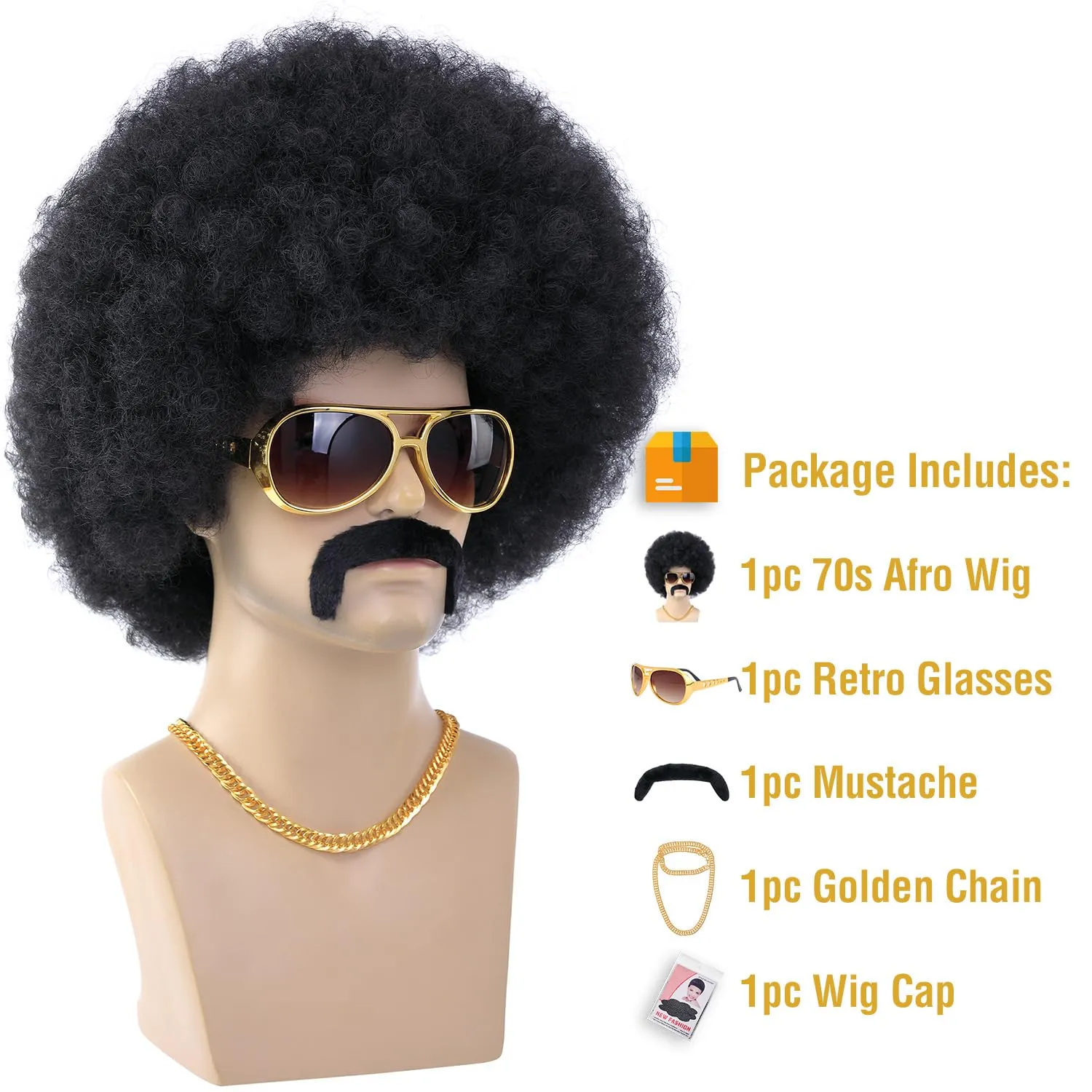 morvally 70s Black Afro Wig for Men with Glasses Chain and Mustache Mens Short Black Curly Disco Costume Wigs 70's 80s Hippie Rocker Funny Cosplay Synthetic Wigs for Halloween Party