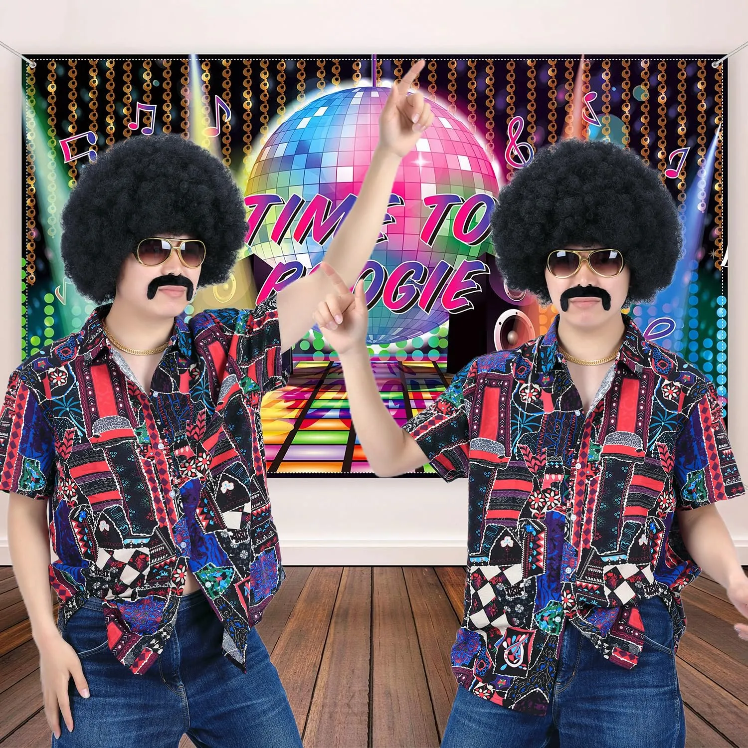 morvally 70s Black Afro Wig for Men with Glasses Chain and Mustache Mens Short Black Curly Disco Costume Wigs 70's 80s Hippie Rocker Funny Cosplay Synthetic Wigs for Halloween Party