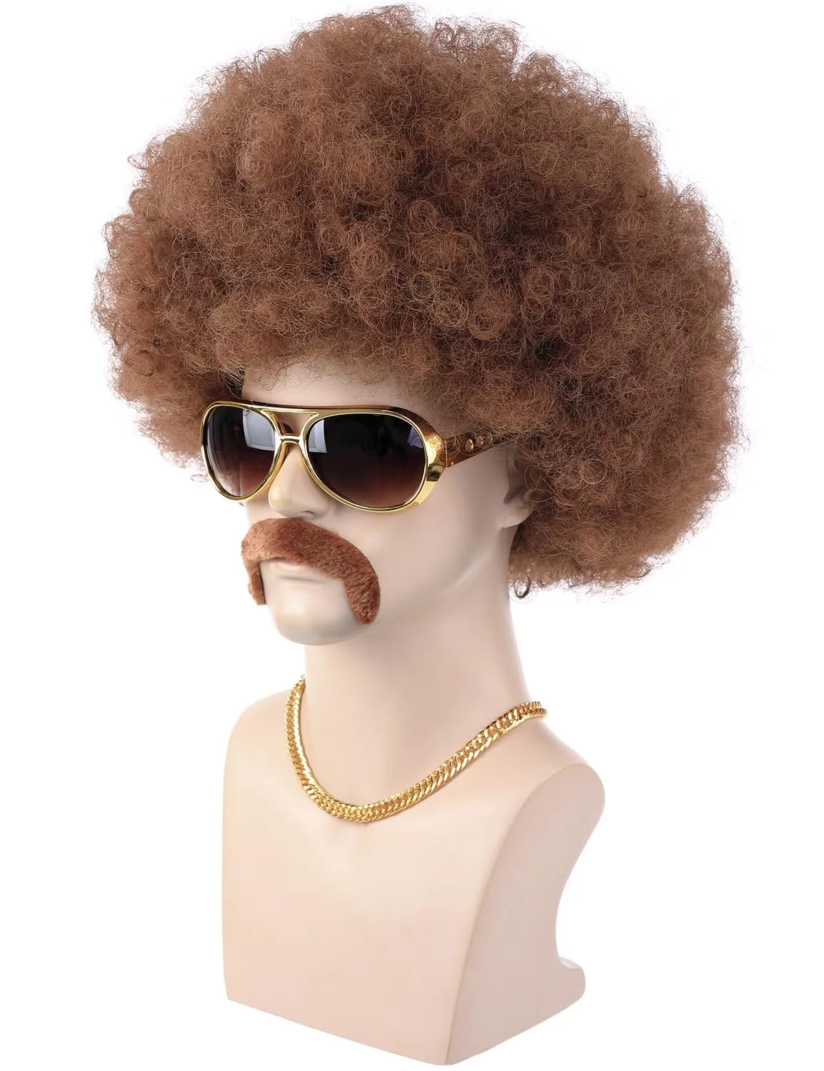 morvally 70s Brown Afro Wig for Men with Glasses Chain and Mustache Mens Short Brown Curly Disco Costume Wigs 70's 80s Hippie Rocker Funny Cosplay Synthetic Wigs for Halloween Party