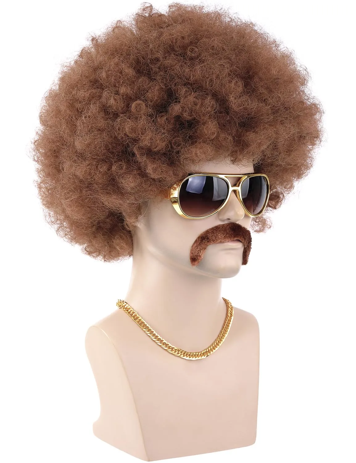 morvally 70s Brown Afro Wig for Men with Glasses Chain and Mustache Mens Short Brown Curly Disco Costume Wigs 70's 80s Hippie Rocker Funny Cosplay Synthetic Wigs for Halloween Party