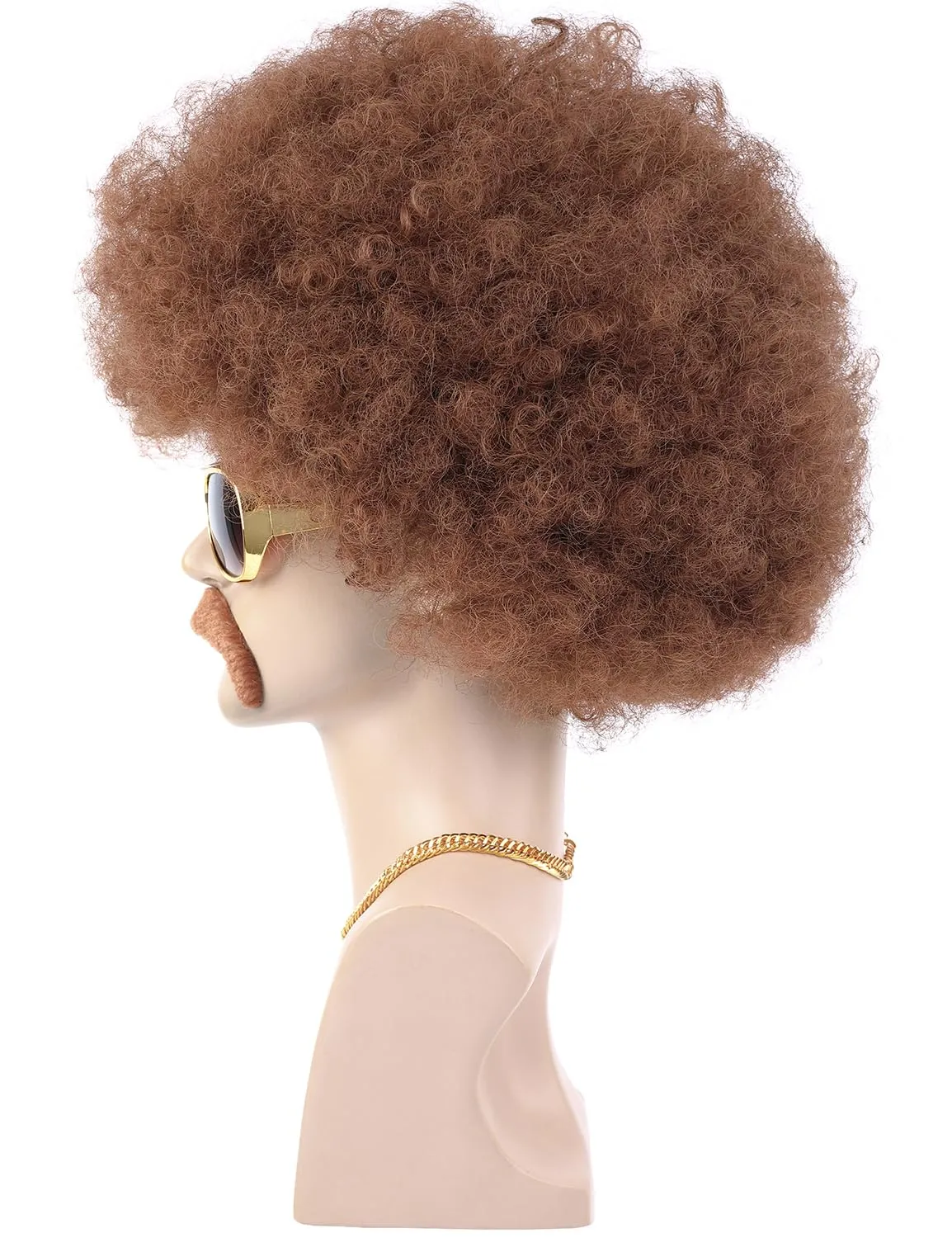 morvally 70s Brown Afro Wig for Men with Glasses Chain and Mustache Mens Short Brown Curly Disco Costume Wigs 70's 80s Hippie Rocker Funny Cosplay Synthetic Wigs for Halloween Party