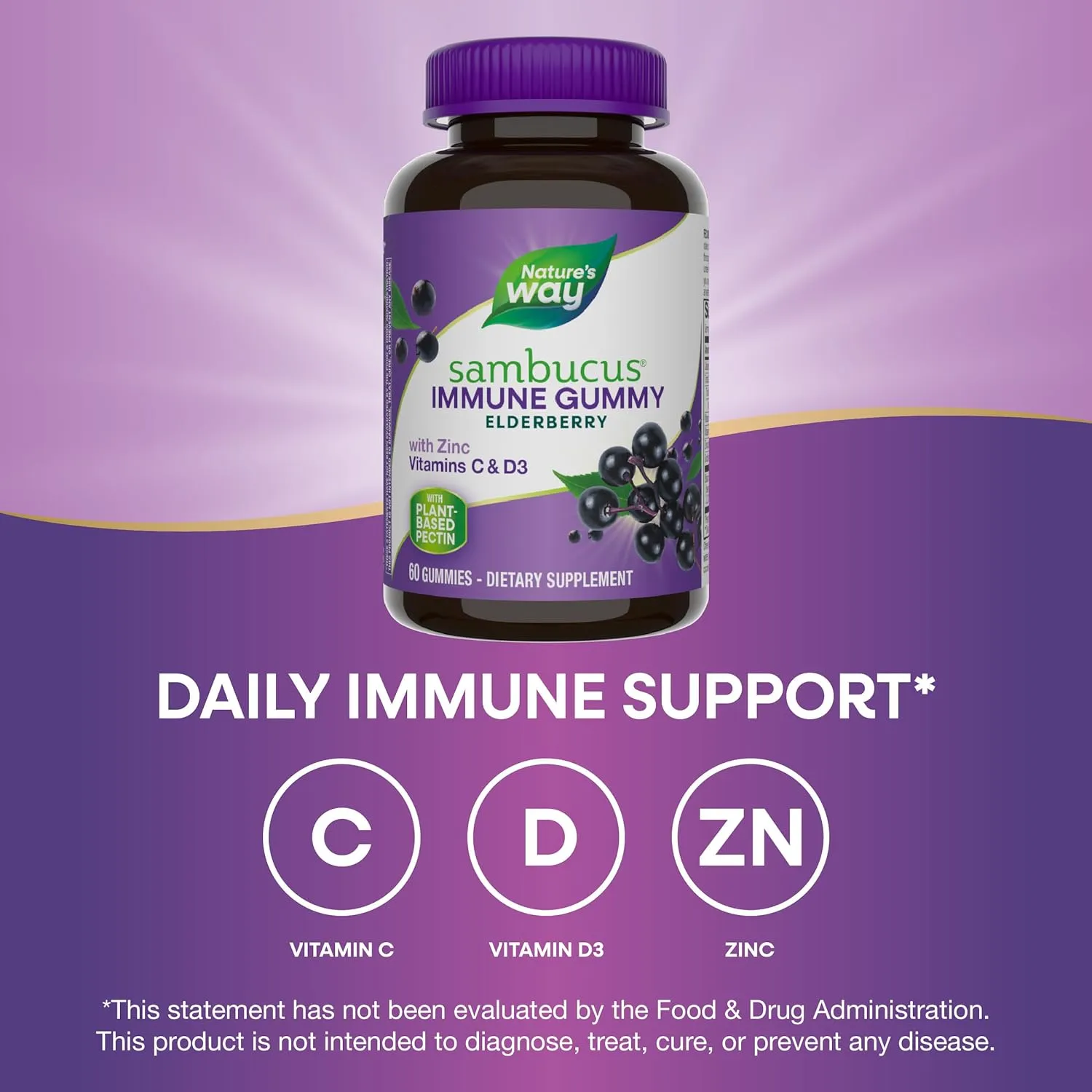 Natures Way Sambucus Elderberry Immune Gummies, Daily Immune Support for Kids and Adults*, with Vitamin C, Vitamin D3, Zinc, Gluten Free, Vegetarian, 60 Gummies (Packaging May Vary)