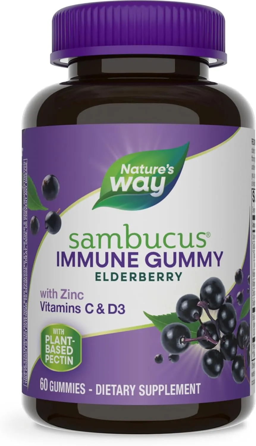 Natures Way Sambucus Elderberry Immune Gummies, Daily Immune Support for Kids and Adults*, with Vitamin C, Vitamin D3, Zinc, Gluten Free, Vegetarian, 60 Gummies (Packaging May Vary)