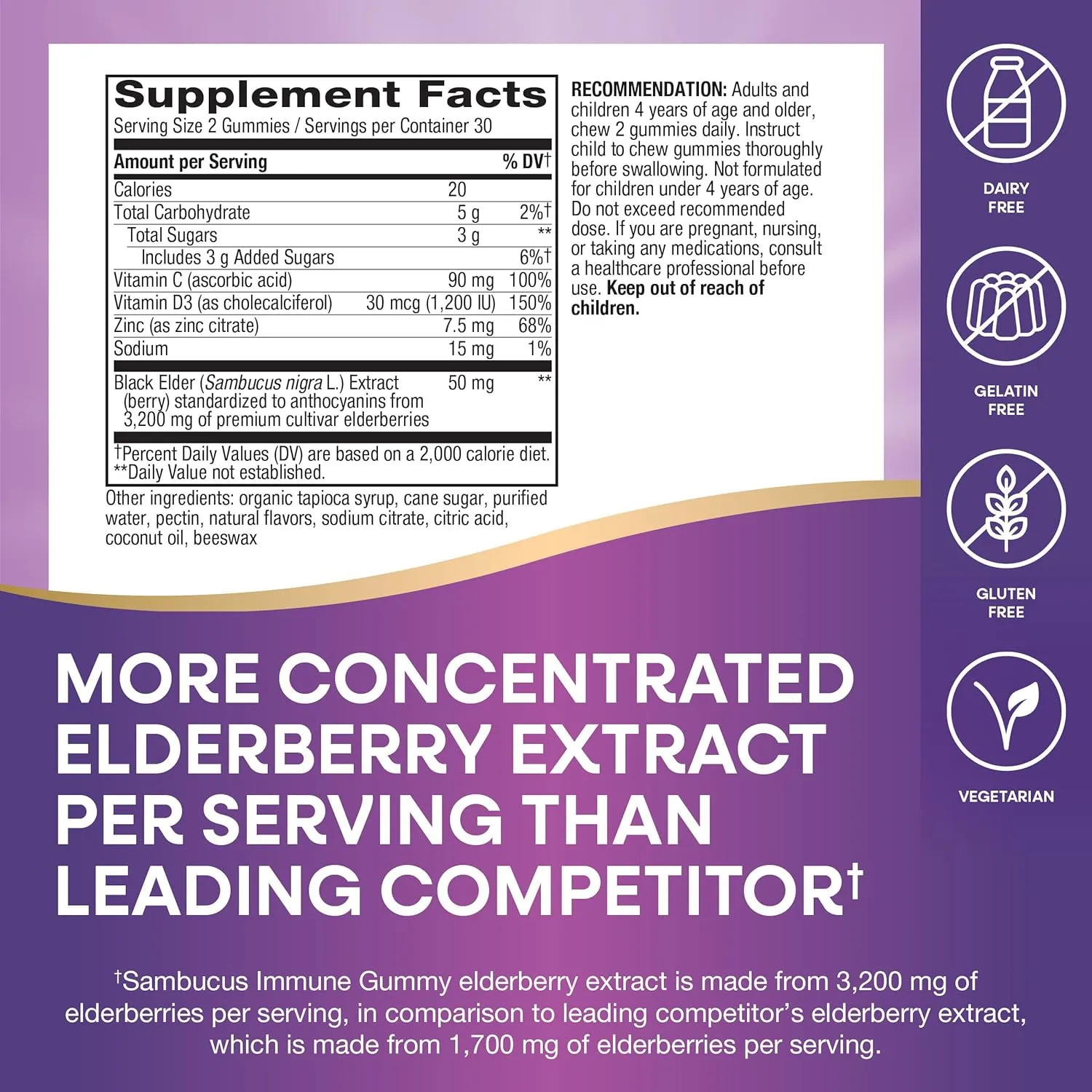 Natures Way Sambucus Elderberry Immune Gummies, Daily Immune Support for Kids and Adults*, with Vitamin C, Vitamin D3, Zinc, Gluten Free, Vegetarian, 60 Gummies (Packaging May Vary)