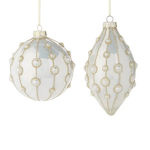 Pearl Embellished Ivory Glass Ball Ornament