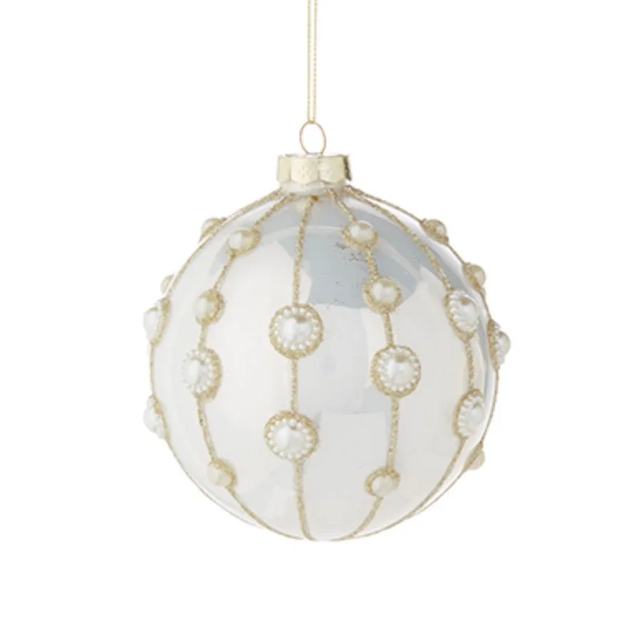 Pearl Embellished Ivory Glass Ball Ornament