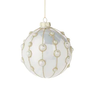 Pearl Embellished Ivory Glass Ball Ornament